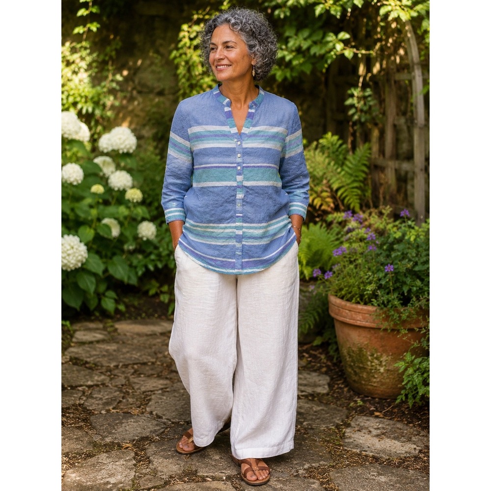 Habitat Top Sz M Blue White Stripes Lightweight Cotton Buttons Vacation Coastal
